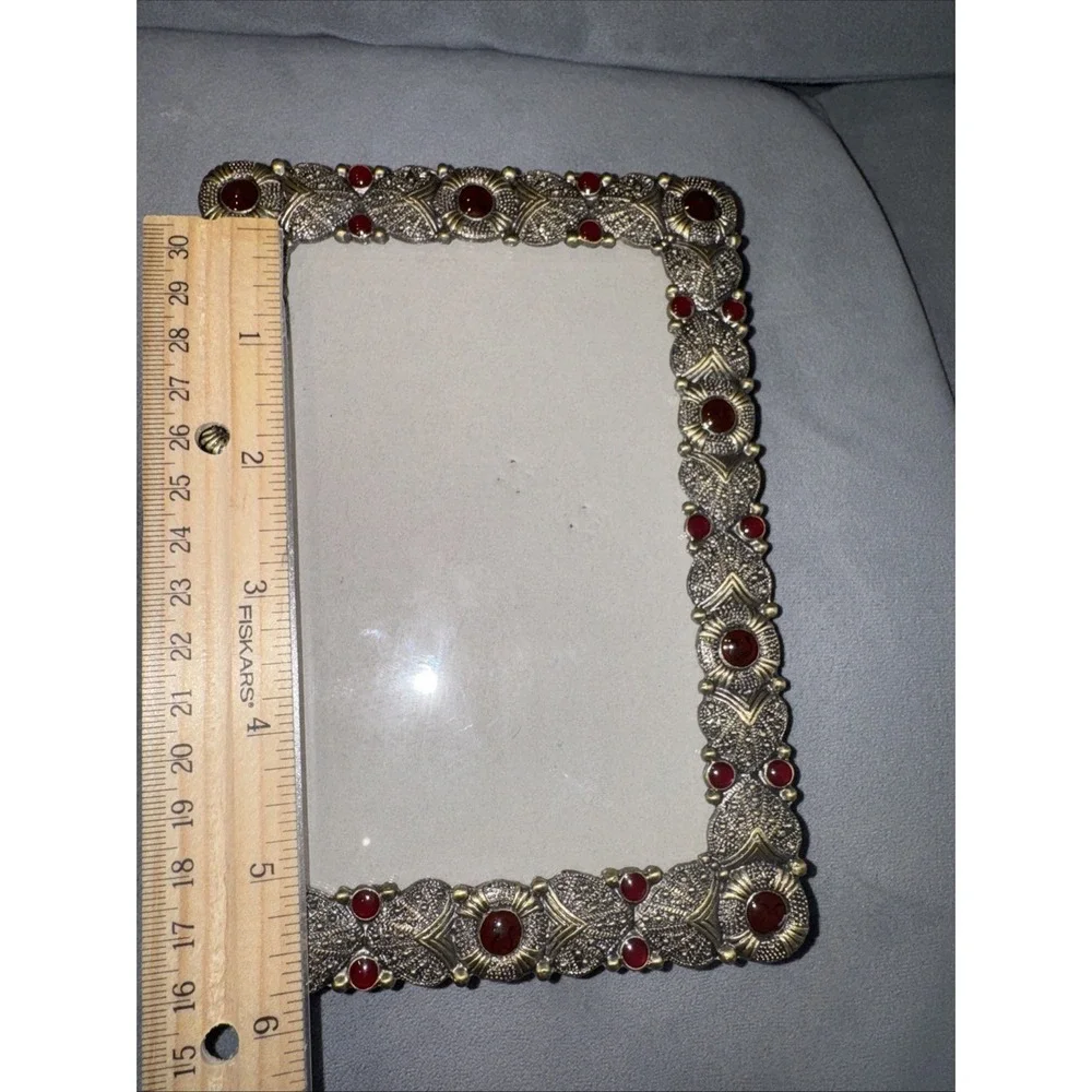 Vintage Style Ornate Gold Metal Picture Frame Red Faux Ruby Cabochon 4x6 Boho